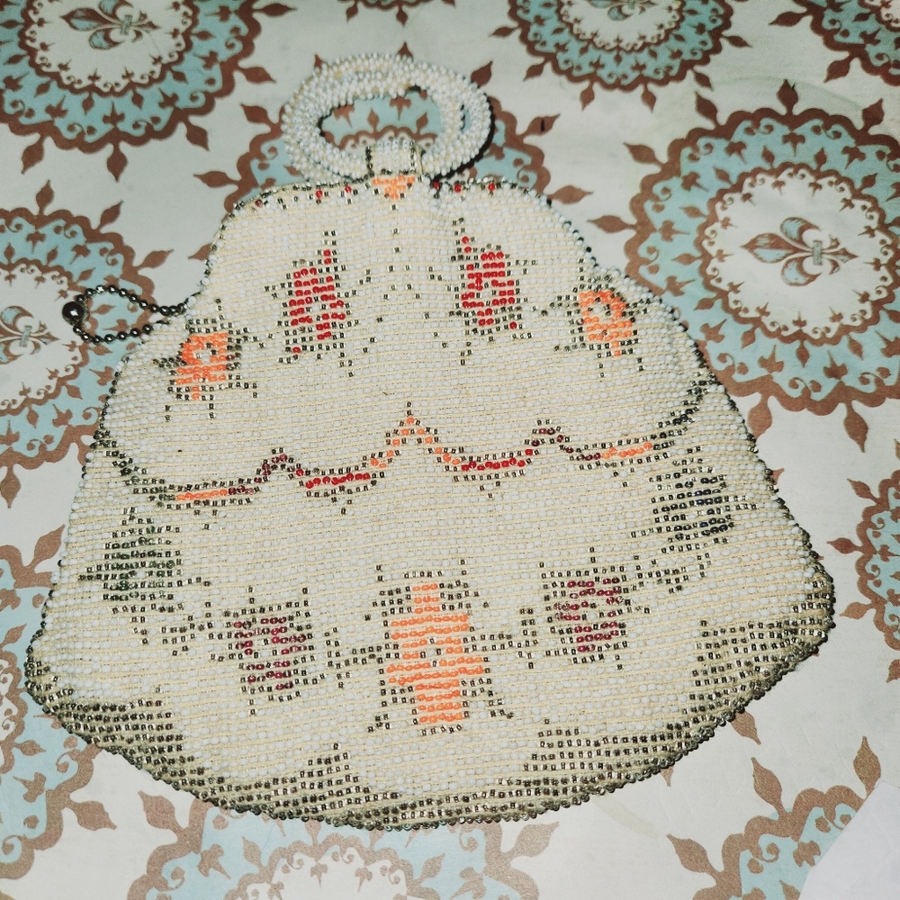 Vintage 30s Art Deco Glass Seed Bead Finger  Handbag Clutch